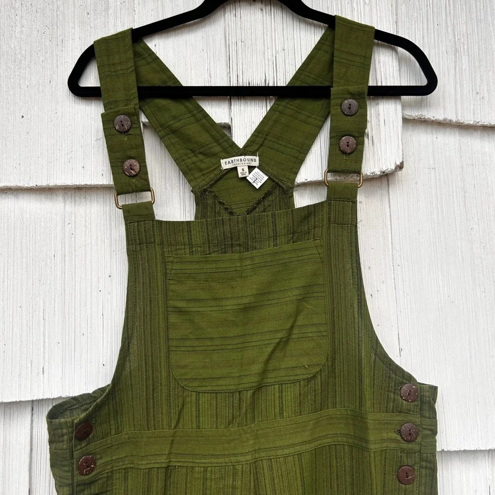 Earthbound Trading Co Olive Green Striped Patchwork Cotton Overalls‎ Small Boho - Picture 3 of 9